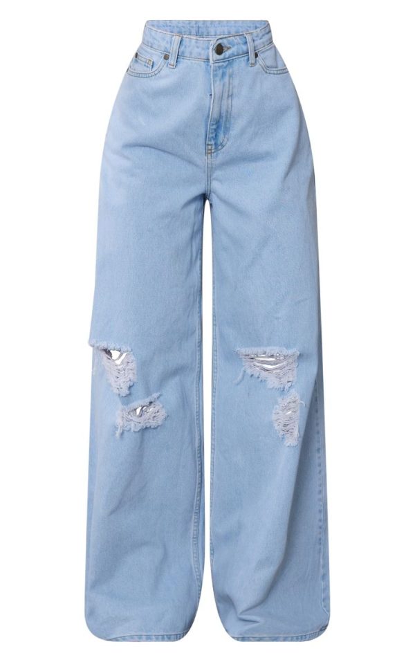 Light Blue Wash Knee Rip Extreme Wide Leg Jeans
