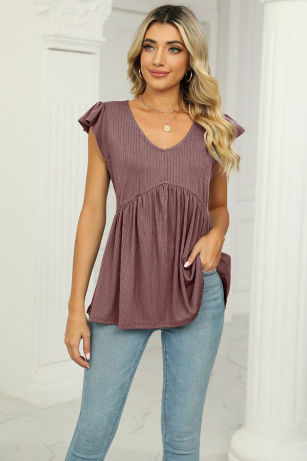 V-Neck Flutter Sleeve Babydoll Blouse - Mocha / S
