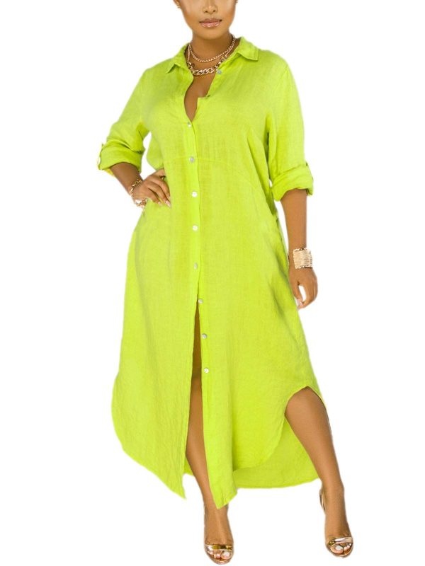 Chatinction Women Solid Color 3/4 Rolled-Up Sleeve Dress Sexy Buttons Down Side Slit Shirts Maxi Dresses