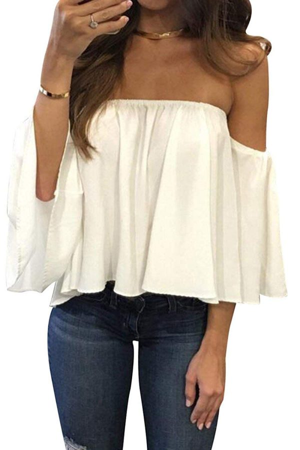 Bluetime Women Summer Off Shoulder Chiffon Blouse Ruffles Short Sleeves Tops Casual T Shirt
