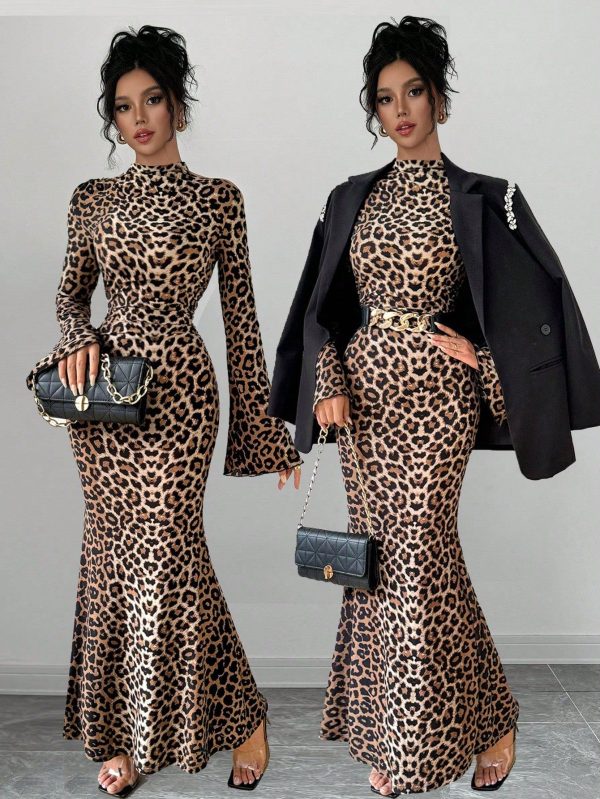 Chic & Wild: Leopard Print Bell Sleeve Maxi Dress for Effortless Elegance - Coffee / S