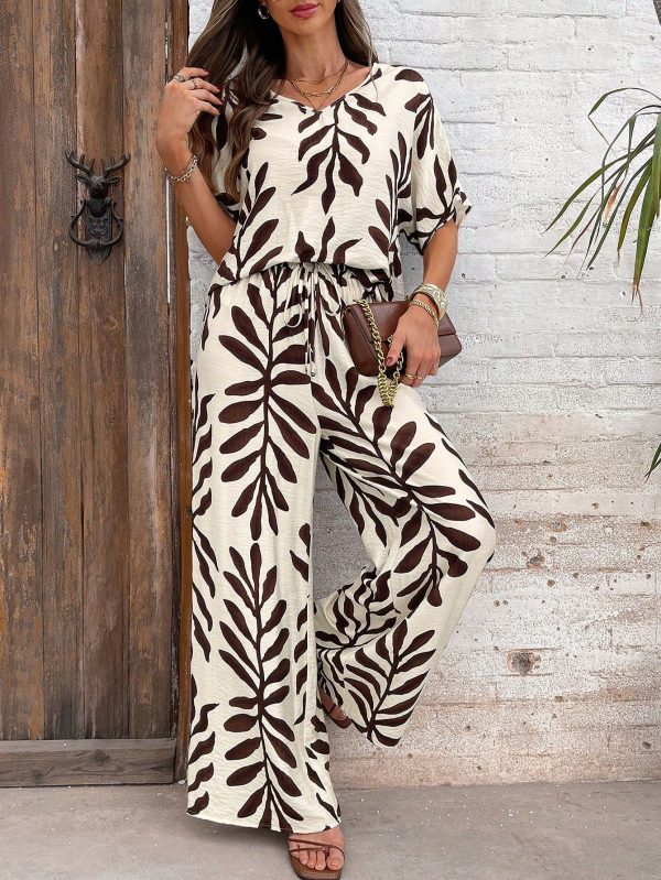 2pcs/Set Women Elegant Leaf Print V-Neck Blouse & Wide Leg Pants, Outfit Spring Outfits For Women Vacation Outfits Women Two Pieces Set Women Western Wear Women 2 Pieces Set Boho Vacation Outfits Woman Two Pieces Set,Summer Sets