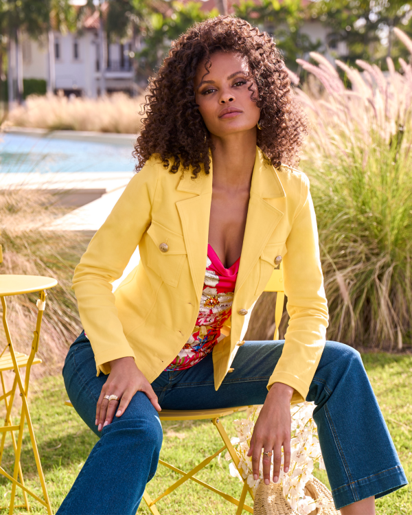 Modern Length Crest Button Luxe Denim Jacket - Lemon Drop | Boston Proper