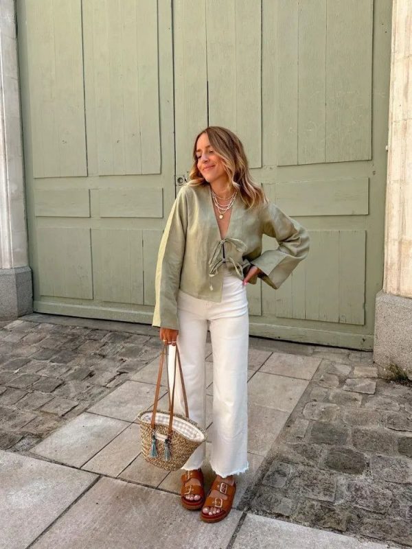 Lace-Up V-neck Loose Casual Long Sleeve Blouse - White L