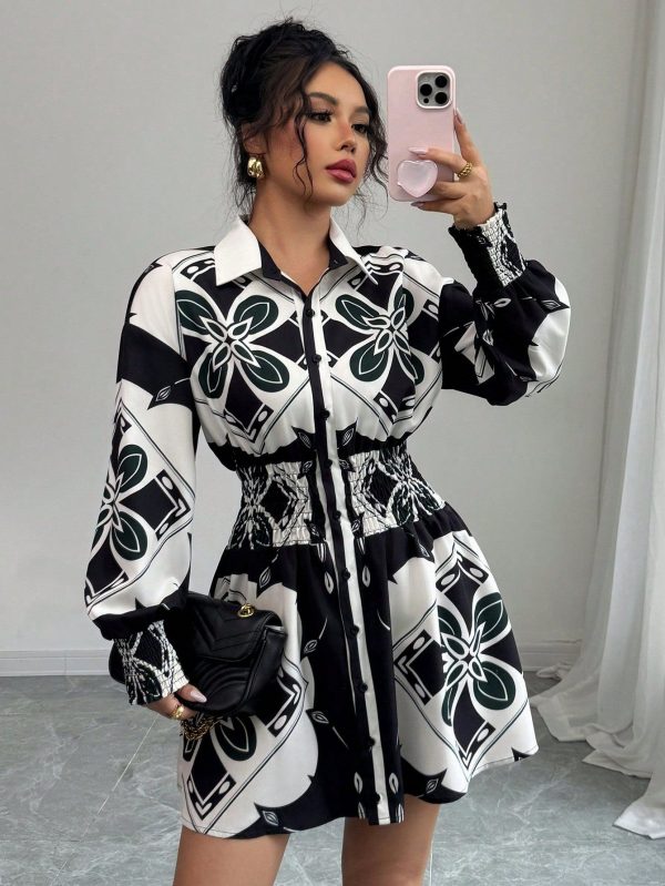 Bohemian Style Print Smocked Waist Long Sleeve Dress
