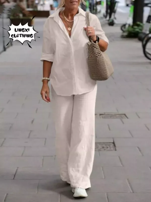 Summer Women's Two-Piece Women's 2024 New Lapel Long Sleeve Shirt Casual Solid Color Long Pants Set