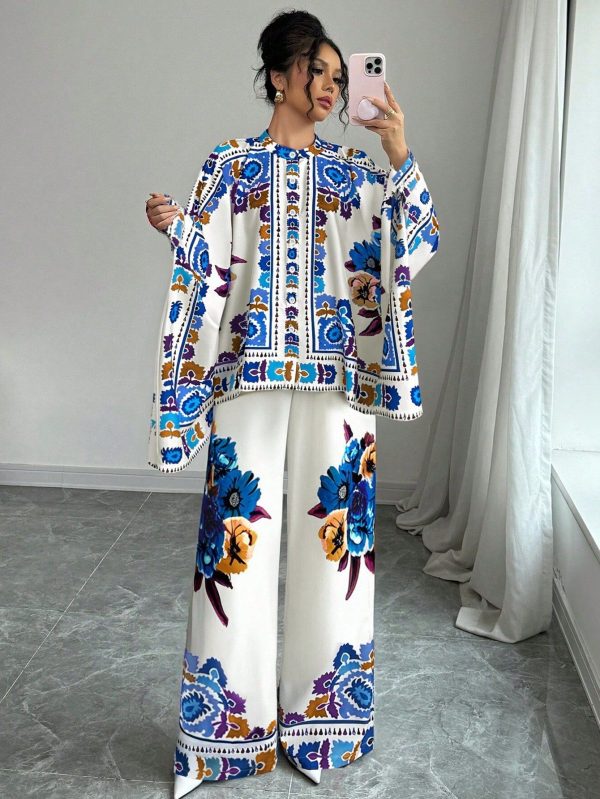 2pcs Women Floral Print Batwing Sleeve Shirt And Pants Set