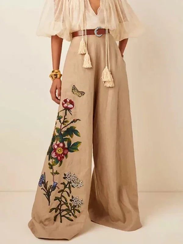 Krisnanas Women's Cotton and Linen Pants  Fashion Pockets Flower Print Elasticity Belted Wide Leg Loose Trousers Pants - Khaki / L