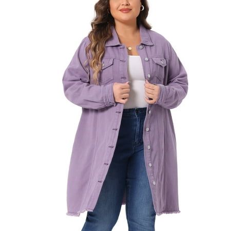Unique Bargains Agnes Orinda Women's Plus Size Denim Jacket Casual Long Distressed Button Up Jean Jackets with Pockets 1X Purple, Size:1XL, Blue