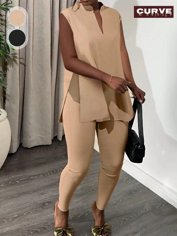 Plus Size Women Spring/Summer Casual Sports Set, Solid Color V-Neck Sleeveless Top With Side Slit Hem And Long Pants 2 Pieces Set