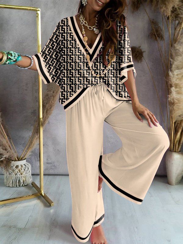 Urban Loose Printed V-Neck T-Shirts Tops& Drawstring Wide Leg Pants Suits KHAKI-M
