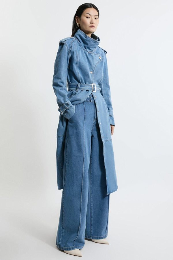 Denim Waistband Detail Wide Leg Pants - Mid Blue