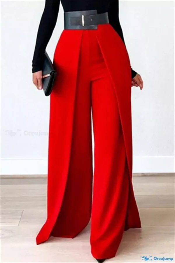 OrcaJump - Womens Yellow Straight-Leg High-Waisted Casual Solid Patchwork Pants - Red, XL