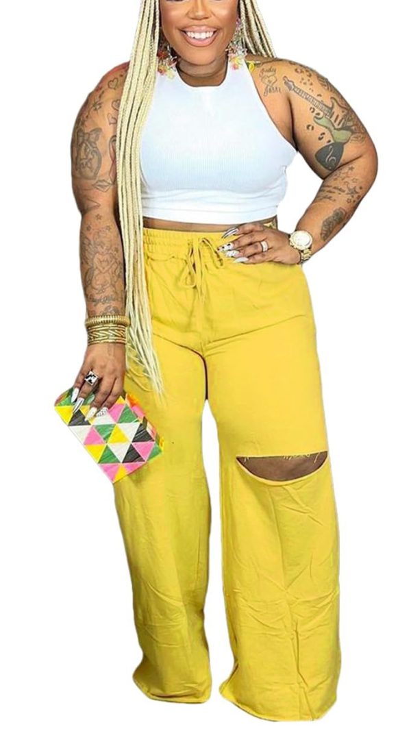 Hostoyo 2 Piece Sets for Women Lounge Sweatsuit Crop Tops Drawstring Ripped Wide Leg Pants with Pockets 2024 Tracksuit