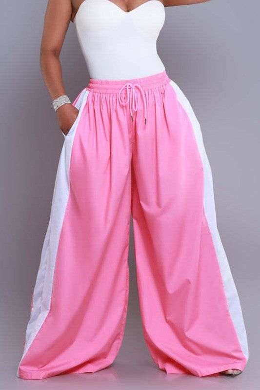 WOMEN FASHION CASUAL WIDE LEG PANTS - PINK / M