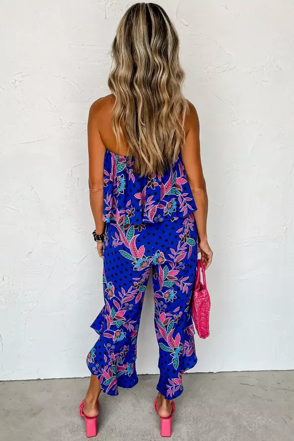 Tropical Blue Ruffled Jumpsuit With Floral Flares For Daily Summer Elegance In Southern Style