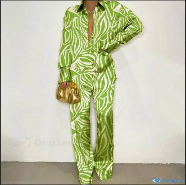 Orcajump - Stylish Loose Long-sleeve Shirt and Wide-leg Pants Set - Green Color, M