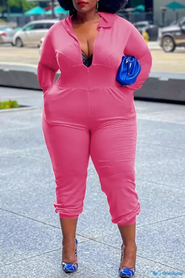 OrcaJump - Plus Size Grey Hooded Collar Jumpsuit with Solid Patchwork Accent - Pink, 5XL