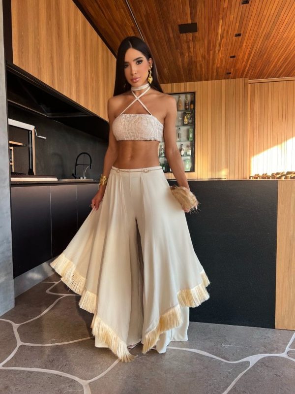 2025 Style Tassels Women Pants Set With Halter Top Sexy Fashion Off Shoulder Short Top Lady High