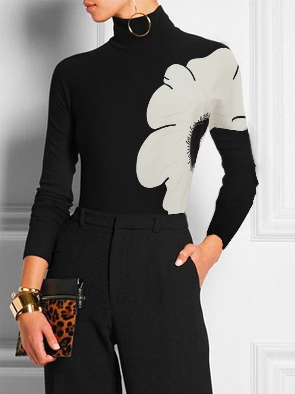 Long Sleeves Skinny Contrast Color Floral Printed Split-Joint High Neck T-shirts BLACK-M