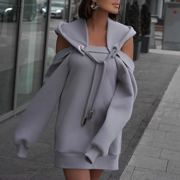 Zingj Color Women Hoodies Fitness Hooded Dress Casual Hollow Out Cold Shoulder Oversize Sweatshirt Detachable Hat Workout Wear Gray-XL-China