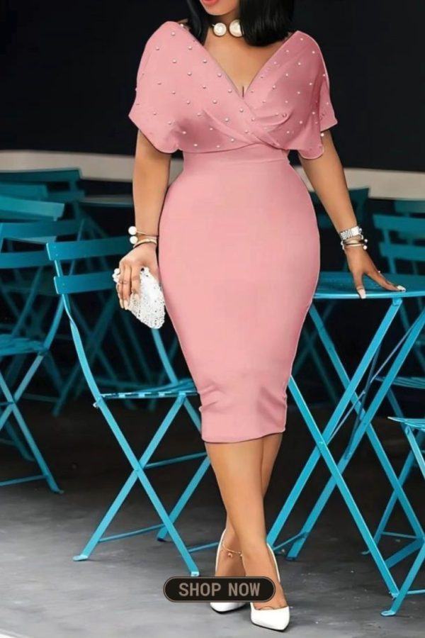 V Neck Midi Sheath Dress, Casual Afternoon Tea Dress