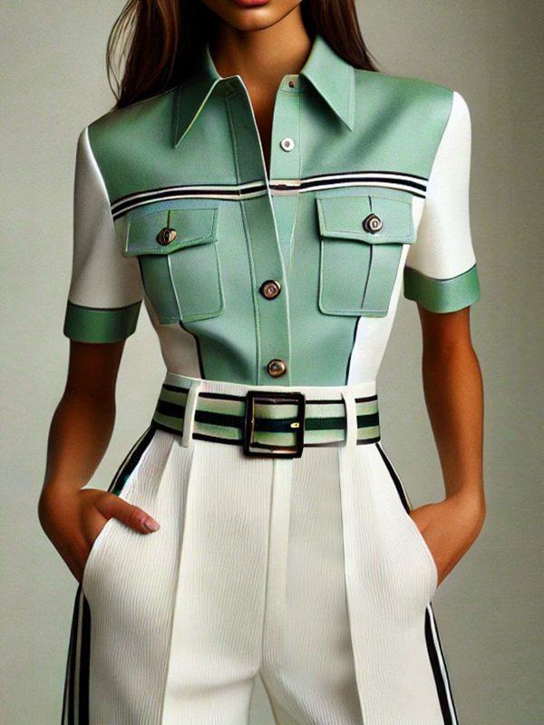 Women Urban Blouses Regular Sleeve Shirt Collar Regular Fit Short Sleeve Contrast Stitching Summer for Daily