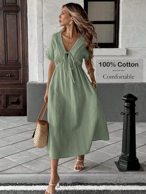 Apricot Casual Bow Mid-Length Short Sleeve Dress For Women