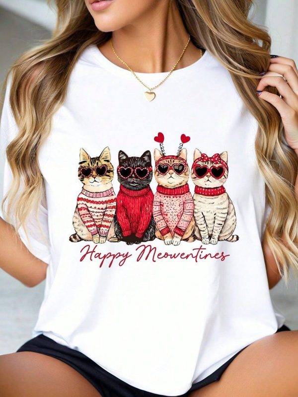 Valentine's Day Happy Meowentines Cats Tee T-Shirts Short Sleeve Tee Shirt For Women Machine Washable