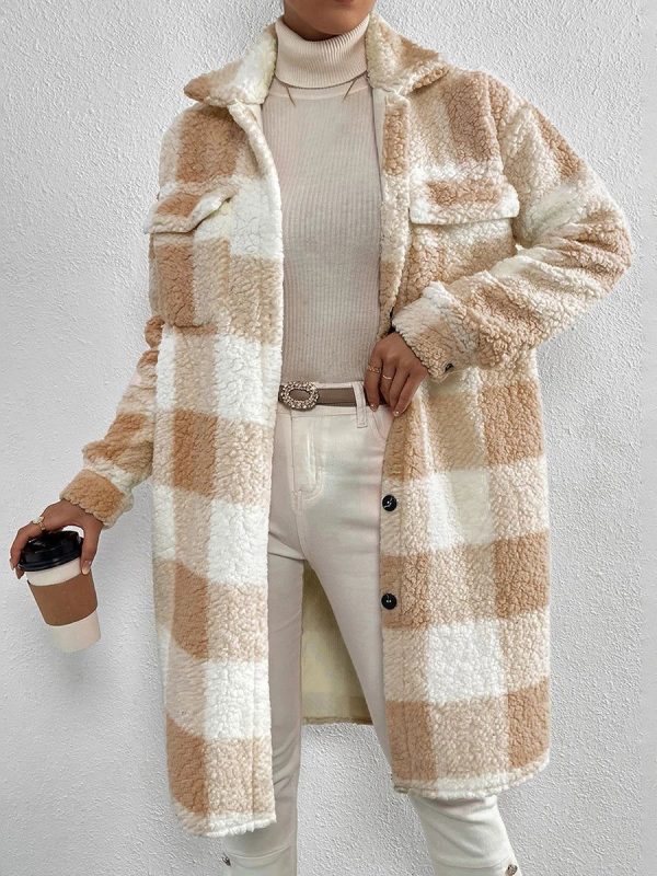 Runhufu Women's Plaids Plush Warm Coats Fashion Winter Fuzzy Fleece Long Jackets Street Long Sleeve Lapel Buttons Outerwear - Khaki / L