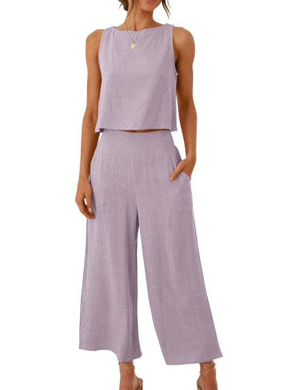 ANRABESS Women's Summer 2 Piece Outfits Sleeveless Crop Top Capri Wide Leg Pants Jumpsuit Linen Lounge Beach Travel Sets