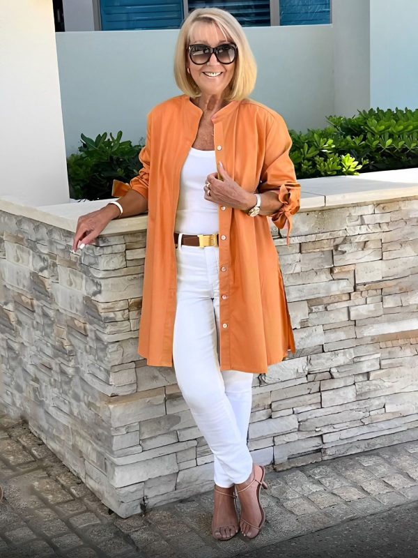 Solid Color Long Cotton Shirt Jackets Women Swing Shap Flattering Gathered Yolk At The Back brown-XXL