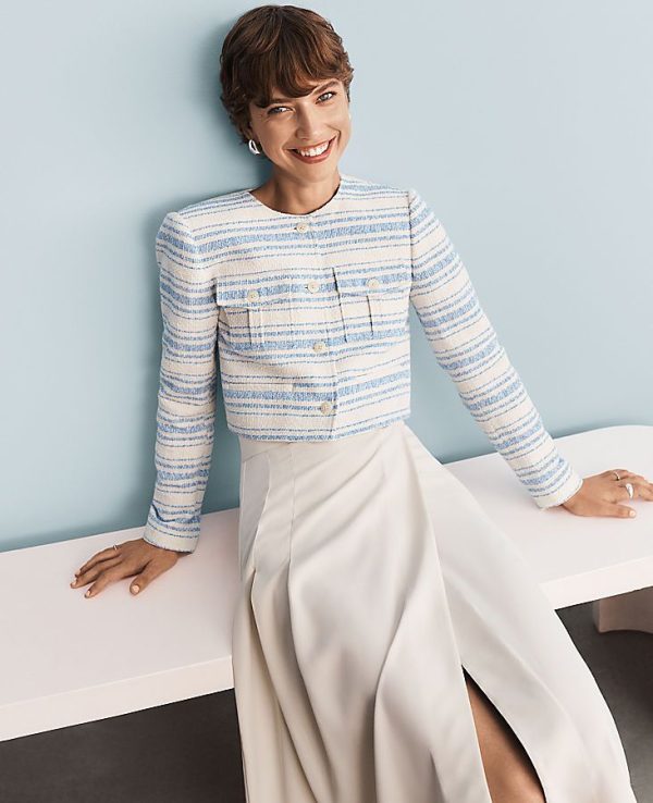 Ann Taylor Striped Tweed Cropped Jacket Size 14 Light Blue/White Combo Women's