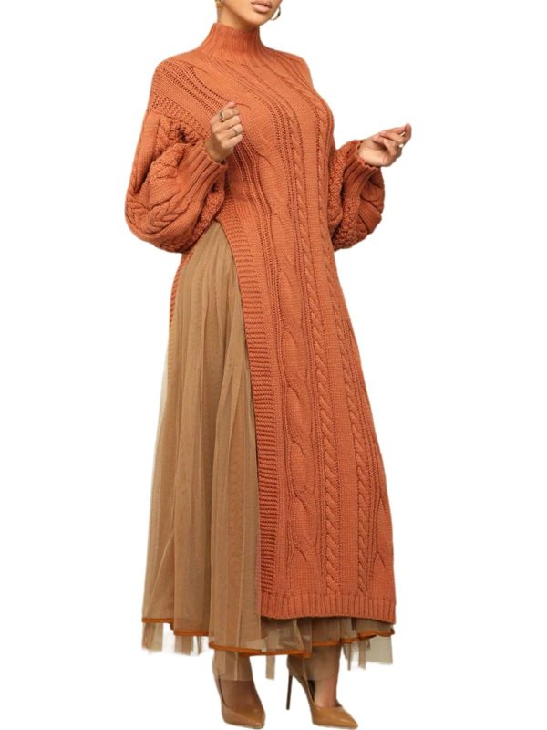 KANSOON Two Piece Fall Outfits for Women Long Lantern Sleeve Slit Sweater Dress and Maxi Tulle Skirt Set with Belt