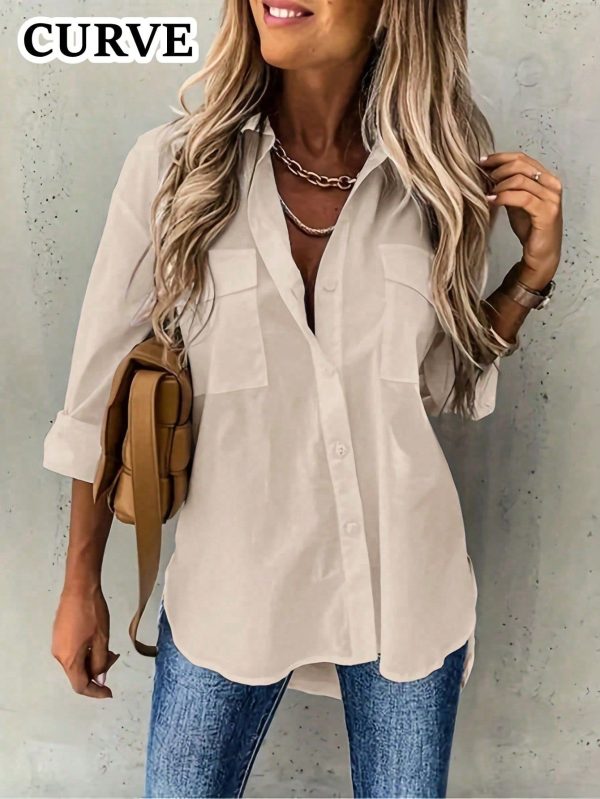 Plus Size Casual Commuter Minimalist Solid Color Long Sleeve Shirt