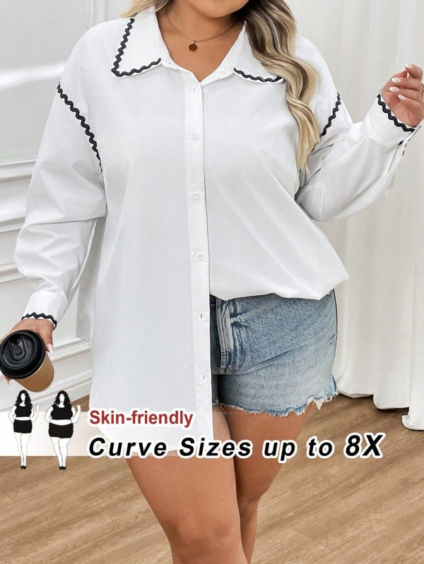 Plus Size Women Floral Patchwork Trim Dropped Shoulder Long Sleeve Casual Shirt, French Style Minimalist Basic Long Sleeve Collared Blouse, Bohemian Style, White Shirt