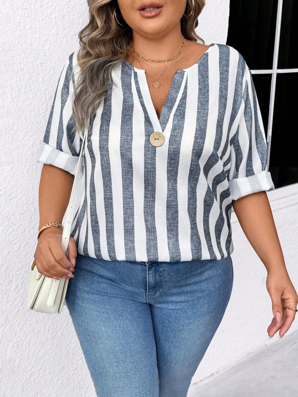 Plus Size Women Casual Comfortable Striped Blouse Top, Versatile For Outings, Spring/Summer