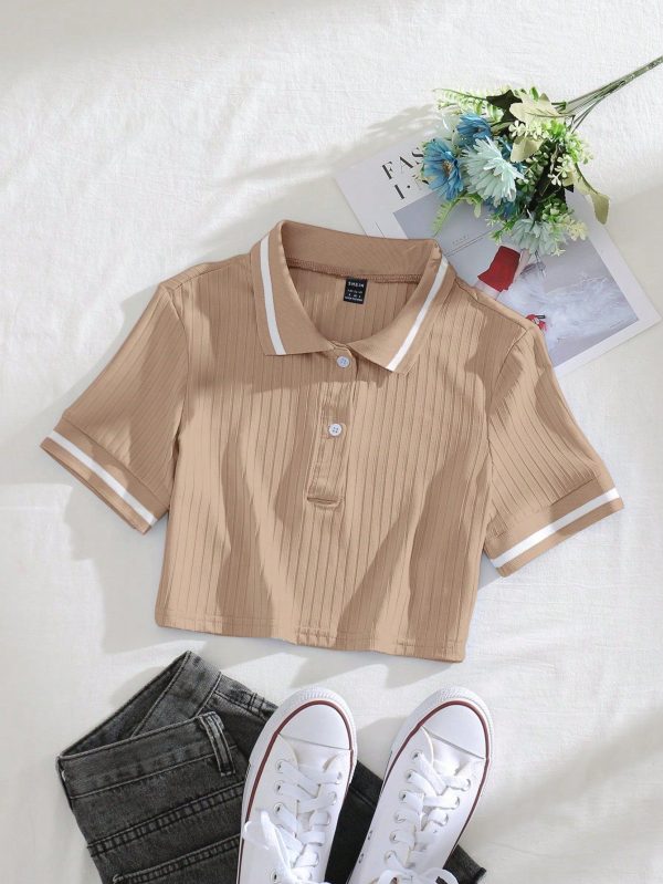 Casual Simple Contrast Color Trim Crop T-Shirt, Summer