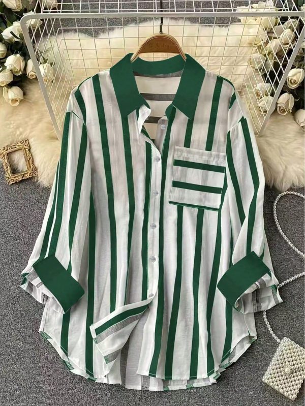 Women's Casual Stripe Long Sleeve Pocket Shirt, Contrast Color Four Seasons Blouse