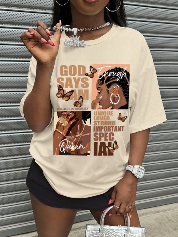 Plus Size Letter & Portrait Print Crew Neck Casual Versatile Short Sleeve T-Shirt Graphic Tees Women Tops