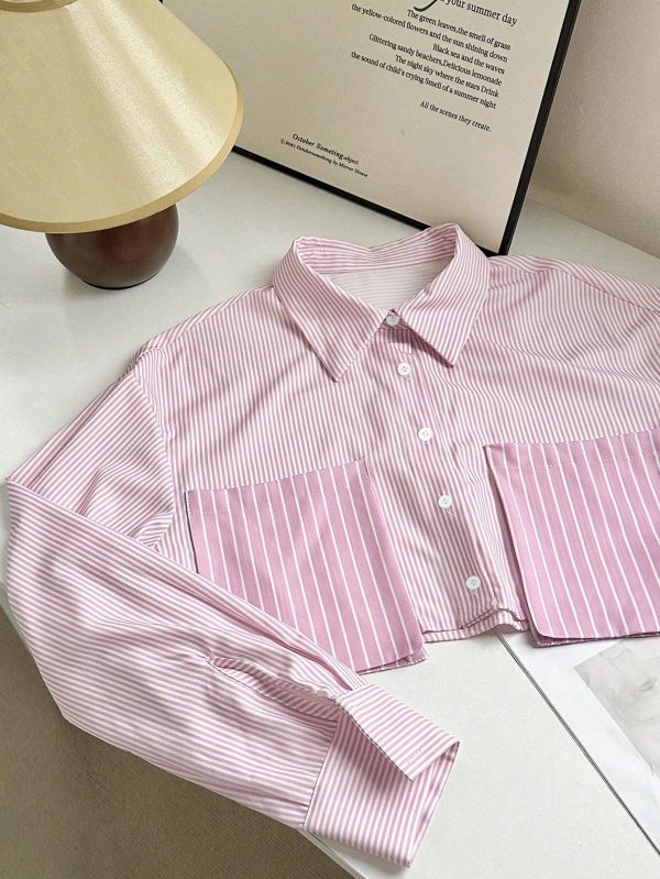 Casual Striped Patchwork 3D Pocket Front Button Closure Long Sleeve Shirt