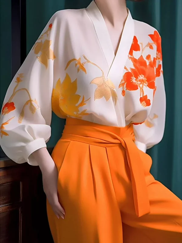 Floral Spring/Fall Urban Polyester V neck Natural Regular Fit Commuting H-Line Shirts for Women