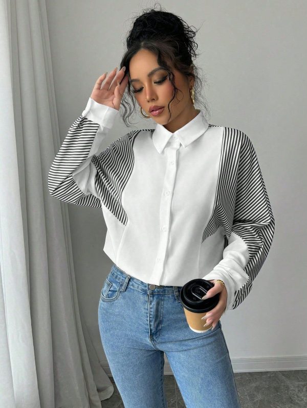 Women's White And Blue Striped Patchwork Long Sleeve Shirt