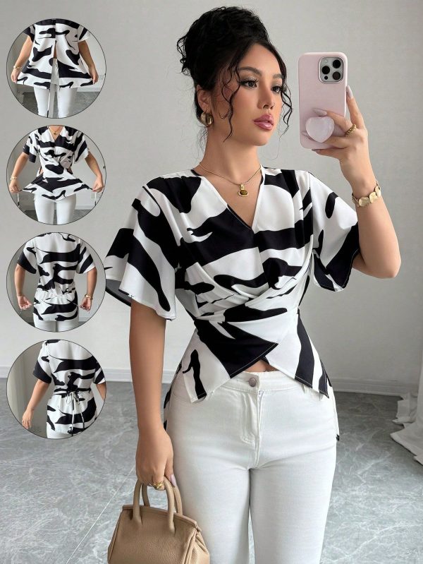 Fashionable Summer Contrasting Color Print Crisscross Wrap Shirt