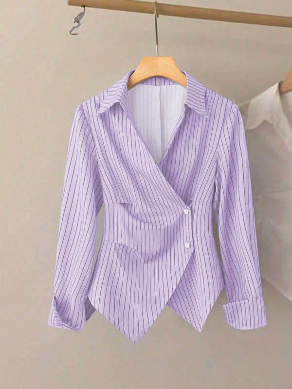 Turndown Collar Cinched Waist Asymmetrical Striped Elegant Women Blouse Women Shirt