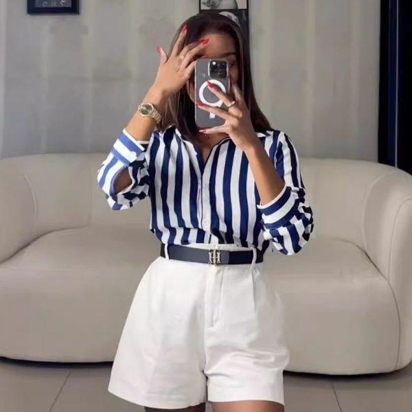 Women Shirt Striped Blouses Tops Turn Down Collar Y2k Streetwear Shirts Top Temperament Single