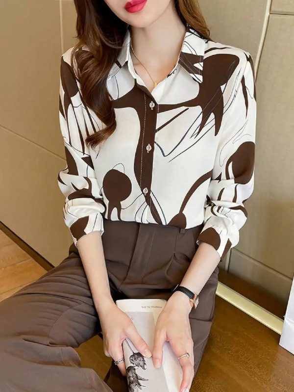 Women's Spring/Autumn New Turndown Collar Shirt, Fashion Fitted Long Sleeve Polo Shirt With Directional Abstract Print