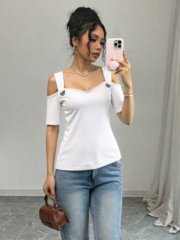 Women's Summer Off-Shoulder Strap T-Shirt With Large Decorative Eyelets, Casual