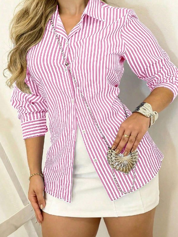 Women Summer Striped Roll Up Sleeve Shirt Dress Button Front Long Sleeve Casual With Pockets Shirt