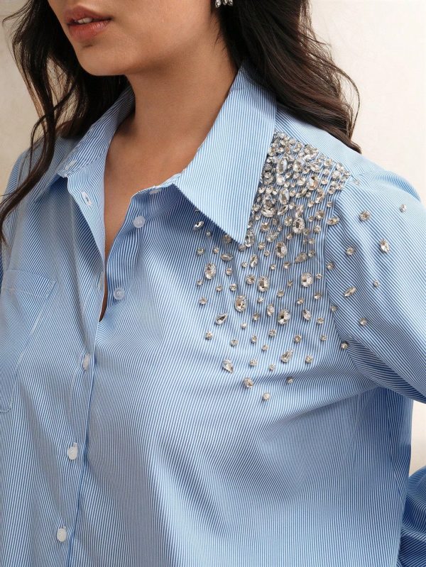 Women's Elegant Striped Rhinestone Embellished Loose Casual All-Match Long Sleeve Collared Shirt, Versatile For Spring, Casual, Modern, Vacation, Festival